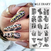 NICOLE DIARY Snake Leopard Nail Stamping Plate Geometry Line Leaves Flowers Design Plate Printing Nails Art Stencil Stamp Stamp