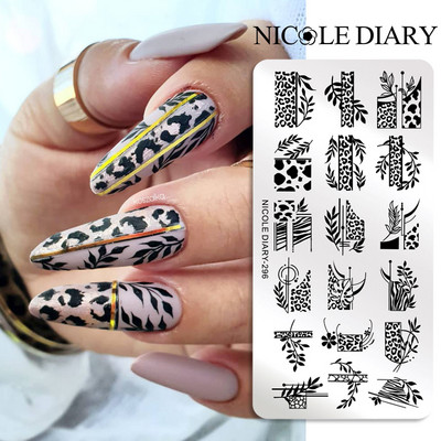 NICOLE DIARY Plăci de ștanțare pentru unghii, șarpe, leopard, linie de geometrie, frunze, flori, design, plăci de imprimare, pentru unghii, șablon, instrument de ștampilare