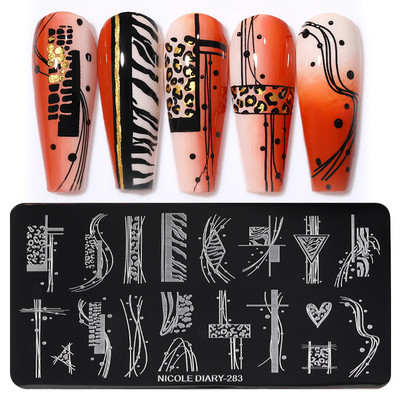 NICOLE DIARY Snake Leopard Nail Stamping Plate Geometry Line Leaves Flowers Design Plate Printing Nails Art Stencil Stamp Stamp