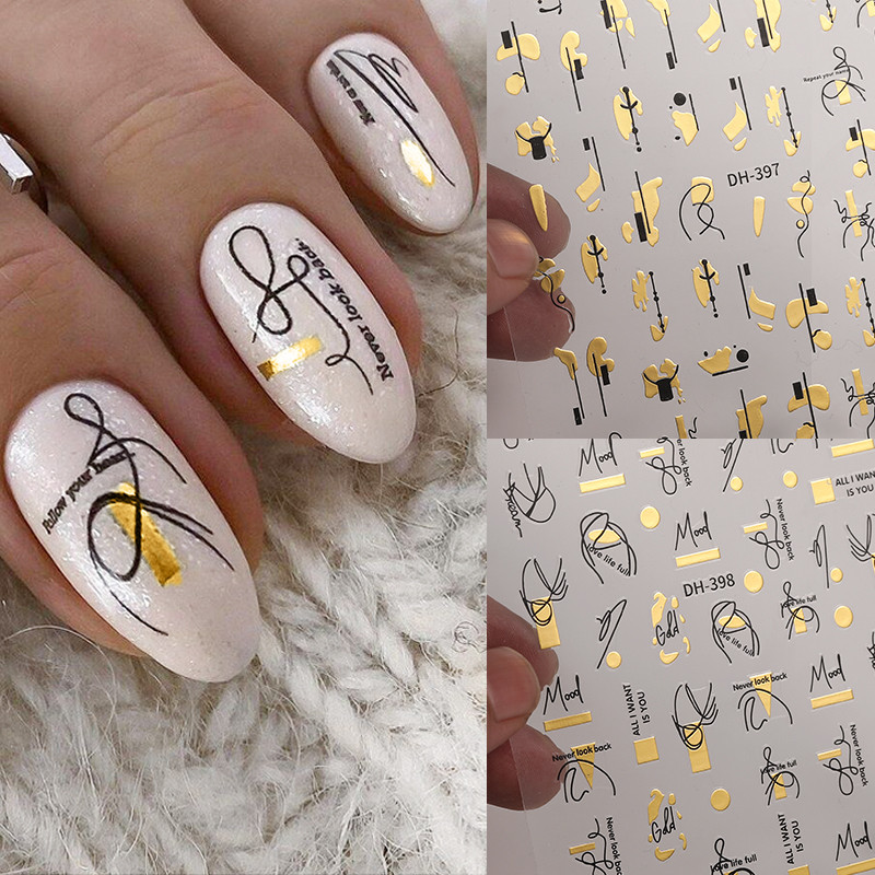 Αυτοκόλλητο με ταινία γκράφιτι για νύχια με χρυσό μπρονζέ, αφηρημένη γραμμή 3D συρόμενο για μανικιούρ, μαρμάρινα ανθισμένα αυτοκόλλητα, διακόσμηση νυχιών
