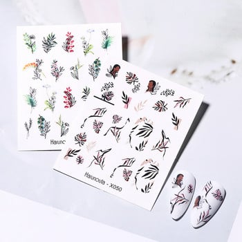 Harunouta Simple Green Theme Nail Water Decal Sticker Summer DIY Slider For Manicuring Watercolor Flower Leaf Nail Art Watermark