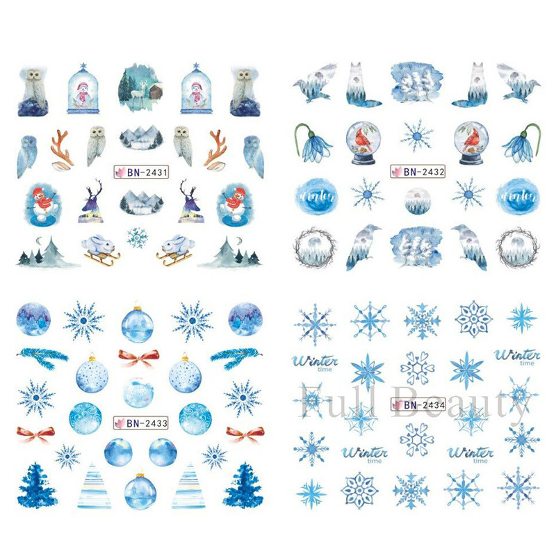 Χριστουγεννιάτικα υδάτινα ντεκόρ Μπλε αυτοκόλλητα δέντρο με νιφάδα χιονιού για νύχια Σχέδιο χαριτωμένα χειμωνιάτικα συρόμενα μανικιούρ 2023 LABN2425-2436