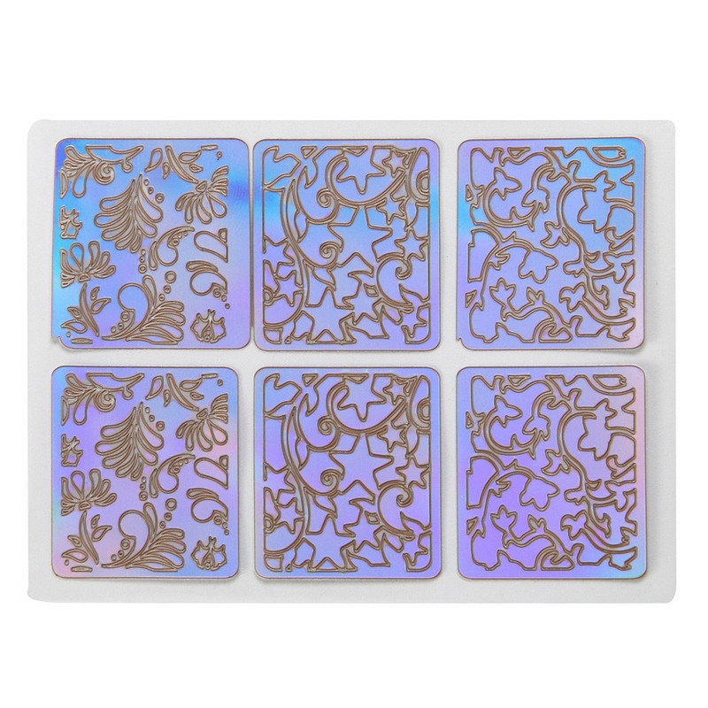 6 φύλλα Νέο κούφιο νύχι με ακανόνιστο πλέγμα στένσιλ επαναχρησιμοποιήσιμα στένσιλ για μανικιούρ Αυτοκόλλητα Πρότυπο σφράγισης Κιτ εργαλείων τέχνης νυχιών