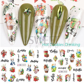 12 бр. Holly Tree Nails Stickers Winter Greenery Elk Festive Christmas Nail Design Drinking Gingerbread Decor Water Sliders SLBN