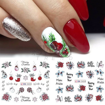 12 бр. Holly Tree Nails Stickers Winter Greenery Elk Festive Christmas Nail Design Drinking Gingerbread Decor Water Sliders SLBN