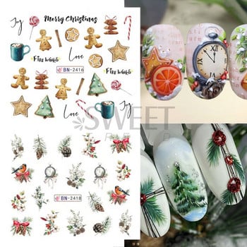 12 бр. Holly Tree Nails Stickers Winter Greenery Elk Festive Christmas Nail Design Drinking Gingerbread Decor Water Sliders SLBN