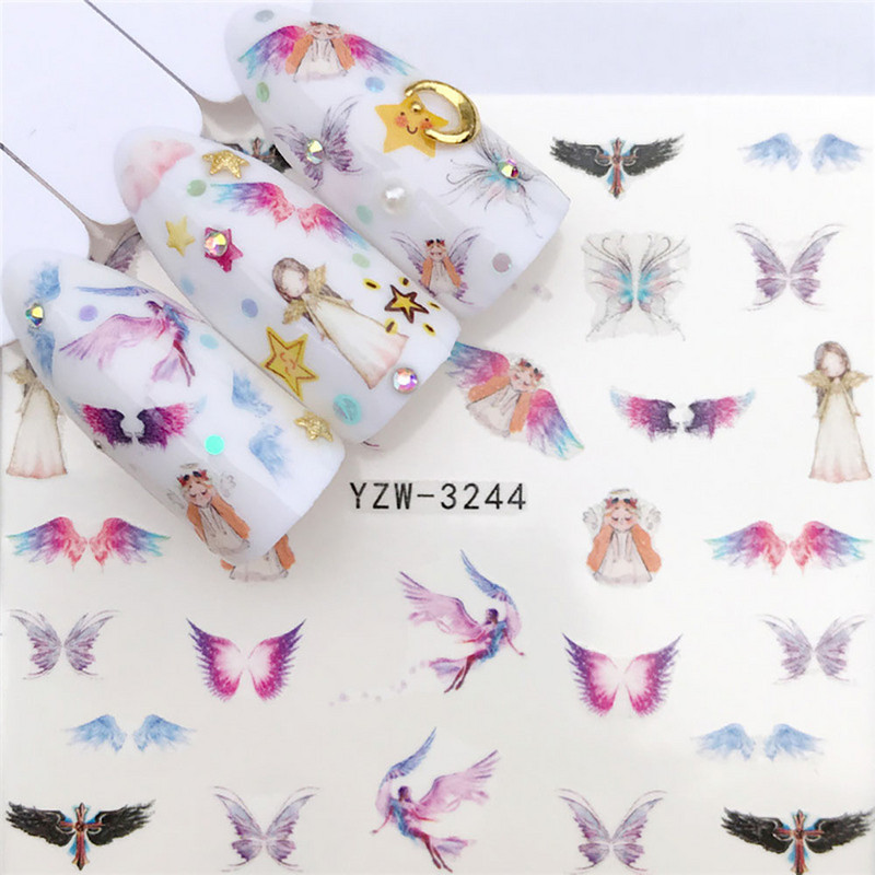 Μωβ λουλούδια Αυτοκόλλητα νυχιών Μανικιούρ Νυχιών Αυτοκόλλητα Πολύχρωμα φυτά Μεταφορά νερού Υδατογράφημα Πράσινα φύλλα Νύχια Αυτοκόλλητα νυχιών Σχέδιο