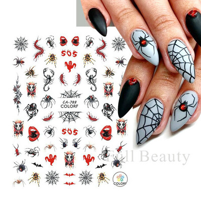 Autocolante de Halloween Manichiură Păianjen Craniu Glisoare pentru unghii Anime Clown Design 3D Horror Scars Nail Art Decoratiuni LACA788