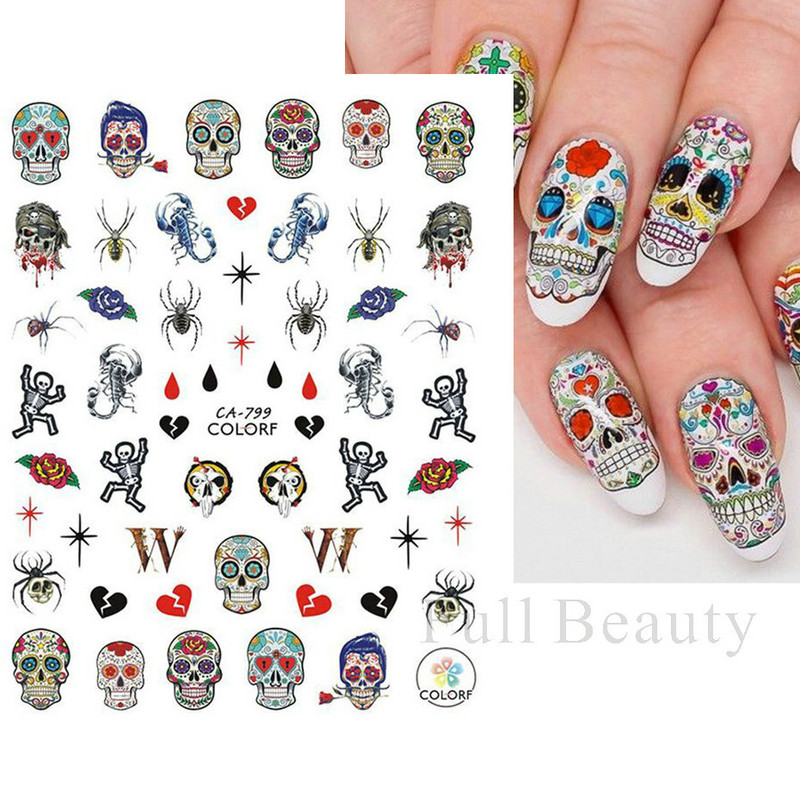 Απόκριες αυτοκόλλητα μανικιούρ Spider Skull Nail Sliders Anime Σχέδιο κλόουν τρισδιάστατα τρισδιάστατα σημάδια τρόμου Διακοσμητικά νυχιών LACA788