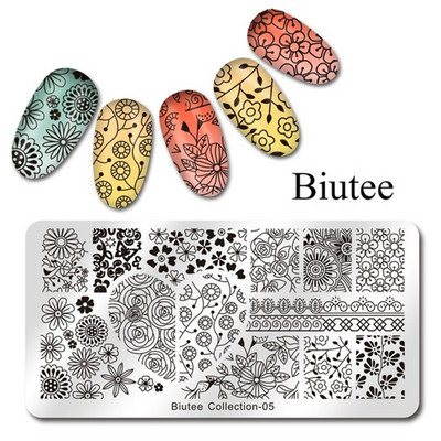 Biutee 12*6cm ΗΜΕΡΟΛΟΓΙΟ Πρότυπα για τέχνη νυχιών Πλάκα στάμπας Φύλλο λουλουδιών Εκτύπωση γράμματος ζώων Πλάκες σχεδίασης με λουλουδάτο μοτίβο Εργαλεία στένσιλ