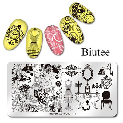 Biutee 12*6cm ΗΜΕΡΟΛΟΓΙΟ Πρότυπα για τέχνη νυχιών Πλάκα στάμπας Φύλλο λουλουδιών Εκτύπωση γράμματος ζώων Πλάκες σχεδίασης με λουλουδάτο μοτίβο Εργαλεία στένσιλ