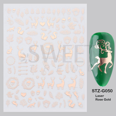 Ροζ χρυσό Χριστουγεννιάτικο αυτοκόλλητο νυχιών Χειμερινή ολογραφική νιφάδα χιονιού Elk Tree Shine Glitter τρισδιάστατα αυτοκόλλητα νυχιών Διακόσμηση μανικιούρ BESTZ-G