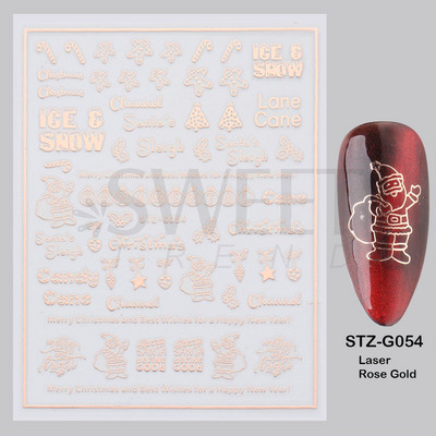 Ροζ χρυσό Χριστουγεννιάτικο αυτοκόλλητο νυχιών Χειμερινή ολογραφική νιφάδα χιονιού Elk Tree Shine Glitter τρισδιάστατα αυτοκόλλητα νυχιών Διακόσμηση μανικιούρ BESTZ-G