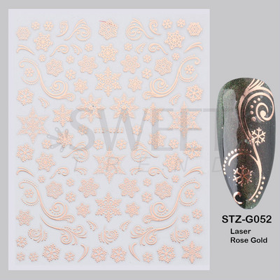 Ροζ χρυσό Χριστουγεννιάτικο αυτοκόλλητο νυχιών Χειμερινή ολογραφική νιφάδα χιονιού Elk Tree Shine Glitter τρισδιάστατα αυτοκόλλητα νυχιών Διακόσμηση μανικιούρ BESTZ-G