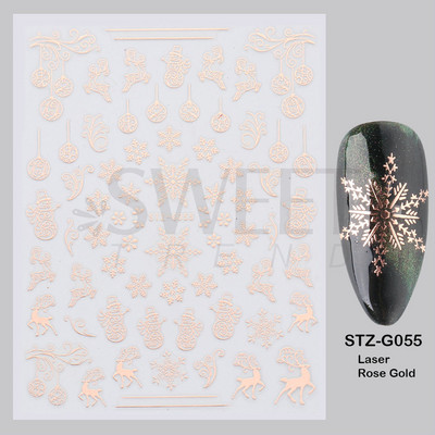 Ροζ χρυσό Χριστουγεννιάτικο αυτοκόλλητο νυχιών Χειμερινή ολογραφική νιφάδα χιονιού Elk Tree Shine Glitter τρισδιάστατα αυτοκόλλητα νυχιών Διακόσμηση μανικιούρ BESTZ-G