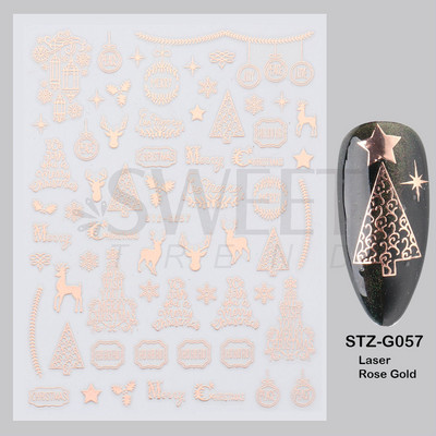 Ροζ χρυσό Χριστουγεννιάτικο αυτοκόλλητο νυχιών Χειμερινή ολογραφική νιφάδα χιονιού Elk Tree Shine Glitter τρισδιάστατα αυτοκόλλητα νυχιών Διακόσμηση μανικιούρ BESTZ-G