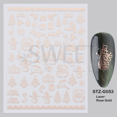 Ροζ χρυσό Χριστουγεννιάτικο αυτοκόλλητο νυχιών Χειμερινή ολογραφική νιφάδα χιονιού Elk Tree Shine Glitter τρισδιάστατα αυτοκόλλητα νυχιών Διακόσμηση μανικιούρ BESTZ-G