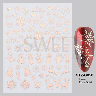 Ροζ χρυσό Χριστουγεννιάτικο αυτοκόλλητο νυχιών Χειμερινή ολογραφική νιφάδα χιονιού Elk Tree Shine Glitter τρισδιάστατα αυτοκόλλητα νυχιών Διακόσμηση μανικιούρ BESTZ-G