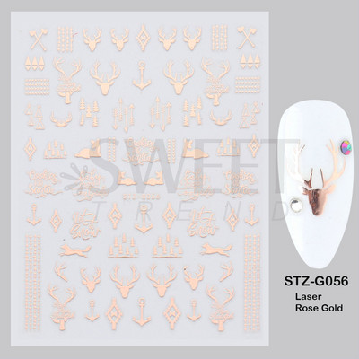 Ροζ χρυσό Χριστουγεννιάτικο αυτοκόλλητο νυχιών Χειμερινή ολογραφική νιφάδα χιονιού Elk Tree Shine Glitter τρισδιάστατα αυτοκόλλητα νυχιών Διακόσμηση μανικιούρ BESTZ-G