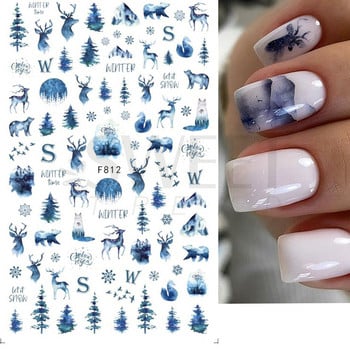 Сини коледни стикери за нокти 3D Fir Elk Mountain Snowflake Holly Animal Winter Xmas Design Manicure Slider Decoration BEF812