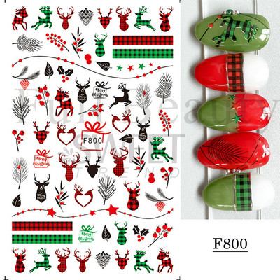 Μπλε χριστουγεννιάτικα αυτοκόλλητα νυχιών 3D έλατο Elk Mountain Snowflake Holly Animal Winter Xmas Design Slider Slider Διακόσμηση για μανικιούρ BEF812