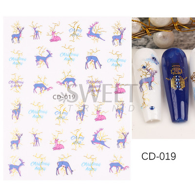 Μπλε χριστουγεννιάτικα αυτοκόλλητα νυχιών 3D έλατο Elk Mountain Snowflake Holly Animal Winter Xmas Design Slider Slider Διακόσμηση για μανικιούρ BEF812