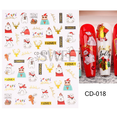 Μπλε χριστουγεννιάτικα αυτοκόλλητα νυχιών 3D έλατο Elk Mountain Snowflake Holly Animal Winter Xmas Design Slider Slider Διακόσμηση για μανικιούρ BEF812