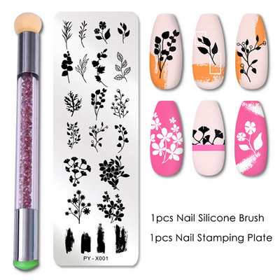 2 τμχ Πλάκες σφράγισης νυχιών Σετ Πινέλο Σιλικόνης Σφουγγάρι Στένσιλ μεταφοράς λουλουδιών DIY Πρότυπο για Εργαλείο Νυχιών