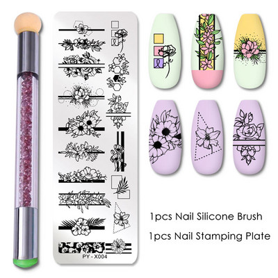 2 τμχ Πλάκες σφράγισης νυχιών Σετ Πινέλο Σιλικόνης Σφουγγάρι Στένσιλ μεταφοράς λουλουδιών DIY Πρότυπο για Εργαλείο Νυχιών