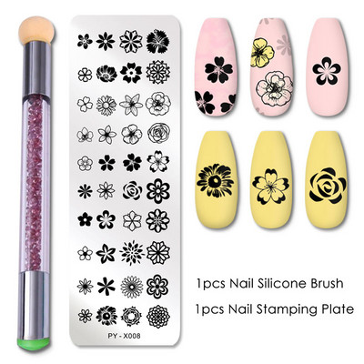2 τμχ Πλάκες σφράγισης νυχιών Σετ Πινέλο Σιλικόνης Σφουγγάρι Στένσιλ μεταφοράς λουλουδιών DIY Πρότυπο για Εργαλείο Νυχιών