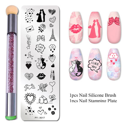 2 τμχ Πλάκες σφράγισης νυχιών Σετ Πινέλο Σιλικόνης Σφουγγάρι Στένσιλ μεταφοράς λουλουδιών DIY Πρότυπο για Εργαλείο Νυχιών