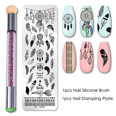 2 τμχ Πλάκες σφράγισης νυχιών Σετ Πινέλο Σιλικόνης Σφουγγάρι Στένσιλ μεταφοράς λουλουδιών DIY Πρότυπο για Εργαλείο Νυχιών