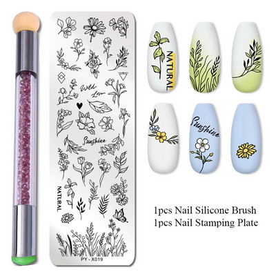 2 τμχ Πλάκες σφράγισης νυχιών Σετ Πινέλο Σιλικόνης Σφουγγάρι Στένσιλ μεταφοράς λουλουδιών DIY Πρότυπο για Εργαλείο Νυχιών