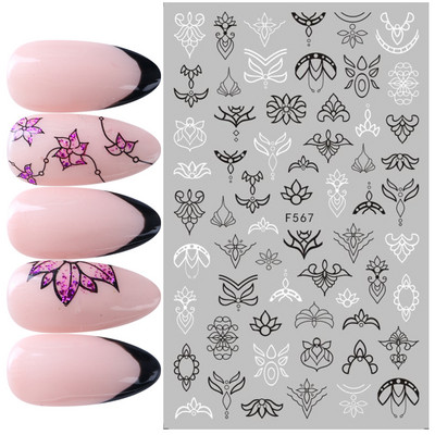 3D Charms Lace Flower Nail Αυτοκόλλητα Φύλλο Mandala Μαύρα Λευκά Νύχια Art Polish Sliders μανικιούρ Εργαλεία καλοκαιρινού τατουάζ BEF864-873
