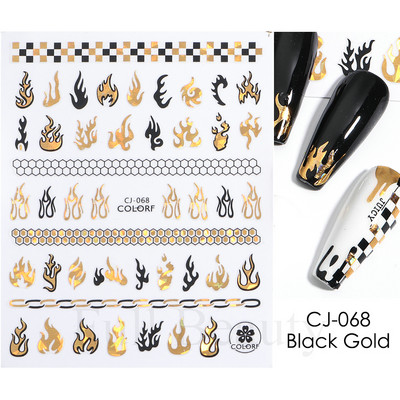Τρισδιάστατα χρυσά μαύρα αυτοκόλλητα για νύχια Αυτοκόλλητα φύλλα λουλούδια Φοίνικας Γοργόνα Νύχια ψαριών Sliders Χαρτί μανικιούρ Διακοσμήσεις νυχιών TRCJ