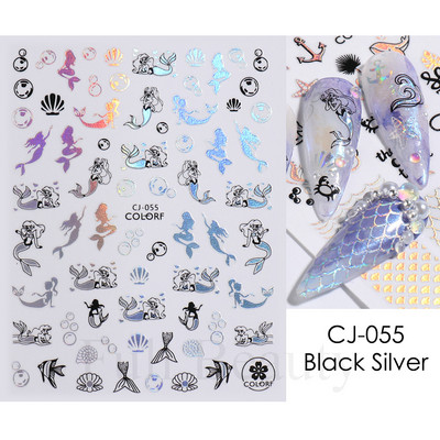 Τρισδιάστατα χρυσά μαύρα αυτοκόλλητα για νύχια Αυτοκόλλητα φύλλα λουλούδια Φοίνικας Γοργόνα Νύχια ψαριών Sliders Χαρτί μανικιούρ Διακοσμήσεις νυχιών TRCJ