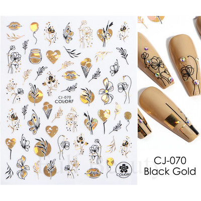 Τρισδιάστατα χρυσά μαύρα αυτοκόλλητα για νύχια Αυτοκόλλητα φύλλα λουλούδια Φοίνικας Γοργόνα Νύχια ψαριών Sliders Χαρτί μανικιούρ Διακοσμήσεις νυχιών TRCJ