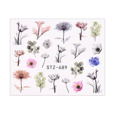 1/4 τμχ Αυτοκόλλητα νυχιών λουλουδιών Μωβ μαύρα αυτοκόλλητα νερού για νύχια Flower Line Watercolor Spring Manicure Decor Slider Nail Wraps