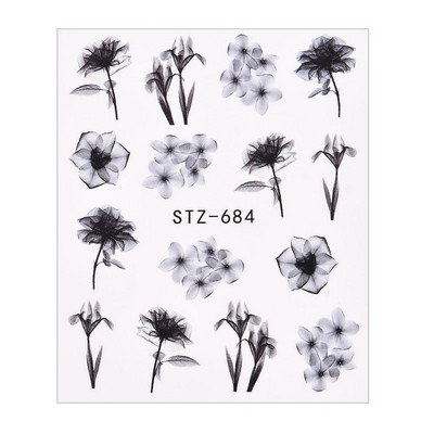 1/4 τμχ Αυτοκόλλητα νυχιών λουλουδιών Μωβ μαύρα αυτοκόλλητα νερού για νύχια Flower Line Watercolor Spring Manicure Decor Slider Nail Wraps