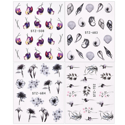 1/4 τμχ Αυτοκόλλητα νυχιών λουλουδιών Μωβ μαύρα αυτοκόλλητα νερού για νύχια Flower Line Watercolor Spring Manicure Decor Slider Nail Wraps