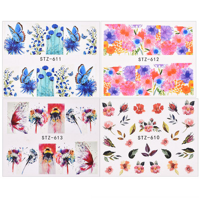 1/4 τμχ Αυτοκόλλητα νυχιών λουλουδιών Μωβ μαύρα αυτοκόλλητα νερού για νύχια Flower Line Watercolor Spring Manicure Decor Slider Nail Wraps