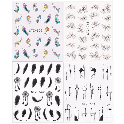 1/4 τμχ Αυτοκόλλητα νυχιών λουλουδιών Μωβ μαύρα αυτοκόλλητα νερού για νύχια Flower Line Watercolor Spring Manicure Decor Slider Nail Wraps