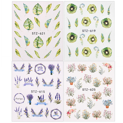 1/4 τμχ Αυτοκόλλητα νυχιών λουλουδιών Μωβ μαύρα αυτοκόλλητα νερού για νύχια Flower Line Watercolor Spring Manicure Decor Slider Nail Wraps