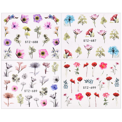 1/4 τμχ Αυτοκόλλητα νυχιών λουλουδιών Μωβ μαύρα αυτοκόλλητα νερού για νύχια Flower Line Watercolor Spring Manicure Decor Slider Nail Wraps