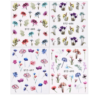 1/4 τμχ Αυτοκόλλητα νυχιών λουλουδιών Μωβ μαύρα αυτοκόλλητα νερού για νύχια Flower Line Watercolor Spring Manicure Decor Slider Nail Wraps