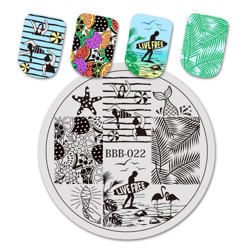 BeautyBigBang Nail Stamping Plates Στρογγυλά καλοκαιρινά φρούτα παραλίας για κολύμπι Nail Arts Template εικόνας για γυναικεία νύχια