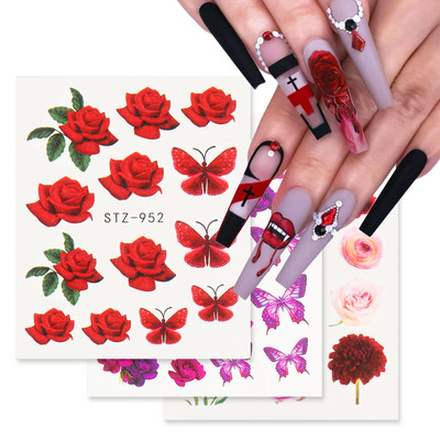 Стикер с червена роза за нокти Маникюр Цветя Пеперуда Ваденки за воден трансфер Летен дизайн Аксесоари Съвети за татуировки LESTZ930-969-1