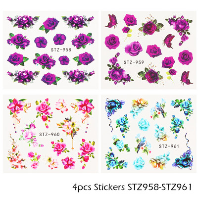 Αυτοκόλλητο κόκκινο τριαντάφυλλο για νύχια μανικιούρ Λουλούδια πεταλούδα Μεταφορά νερού Χαλκομανίες Καλοκαιρινό σχέδιο Αξεσουάρ Συμβουλές τατουάζ LESTZ930-969-1