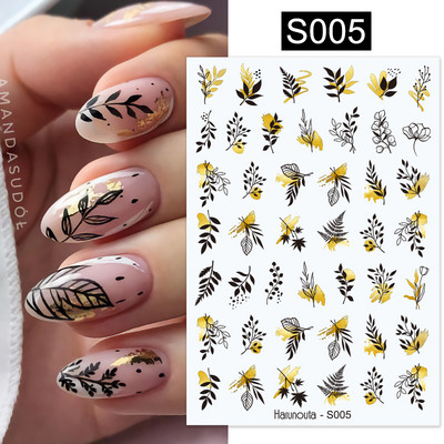 Gold Leaves Sliders for Nails Μαύρο Λευκό Bronzing Flowers Leaf Adhesive Ολογραφικό αυτοκόλλητο νυχιών Αυτοκόλλητα νυχιών Διακοσμητικά νυχιών