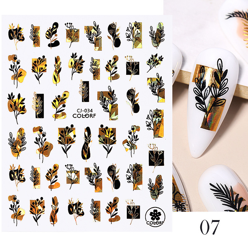 Gold Leaves Sliders for Nails Μαύρο Λευκό Bronzing Flowers Leaf Adhesive Ολογραφικό αυτοκόλλητο νυχιών Αυτοκόλλητα νυχιών Διακοσμητικά νυχιών
